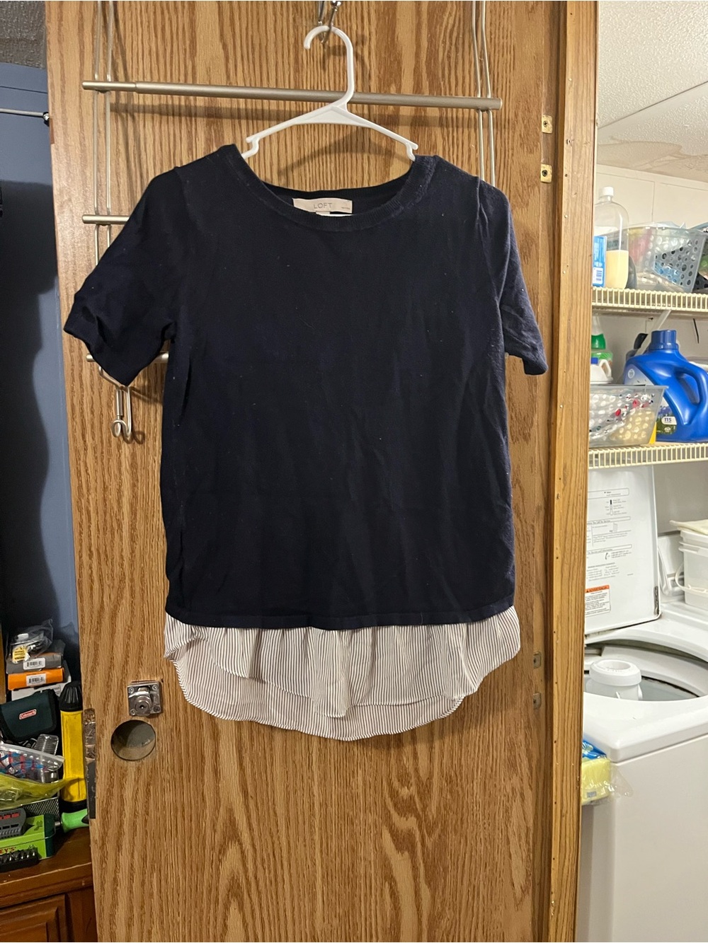 LOFT Navy Short-Sleeve Top with Striped Hem Ruffle